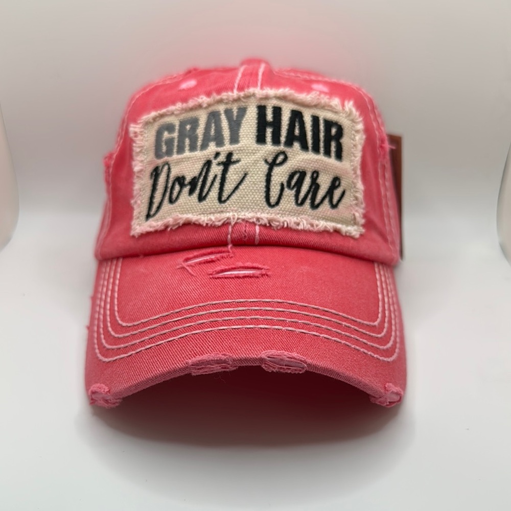 Pink Distressed Cap - "Gray Hair Don't Care"